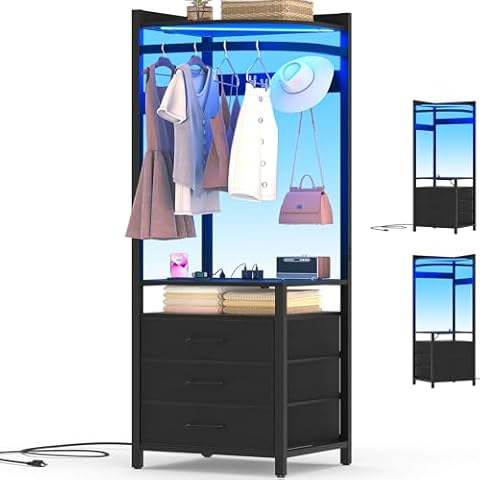 Cyclysio Corner Clothes Rack, 70'' Tall Corner Closet with Power Outlets & LED Lights, 4 Tier Garment Rack with 3 Drawers & 4 Hooks, Small Clothing Rack with Hanging Rack for Small Spaces, Black Cover