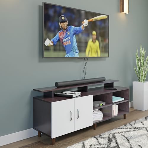 Image of VIKI Modern TV Unit for Living Room | Engineered Wood TV Cabinet with 2 Door Storage, 2 Open Shelves & Extension, Entertainment Unit, 140W x 48H x 40D cm | DIY | 1 Year Warranty (Wenge & White)