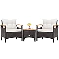 Tangkula 3-Piece Patio Furniture Set, Patiojoy Outdoor Rattan Sofa Set with Coffee Table, Patio Conversation Set with Removable Cushion, Cozy Acacia Wood Armrests for Backyard, Poolside (Off White)