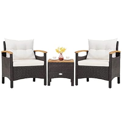 Tangkula 3-Piece Patio Furniture Set, Patiojoy Outdoor Rattan Sofa Set with Coffee Table, Patio Conversation Set with Removable Cushion, Cozy Acacia Wood Armrests for Backyard, Poolside (Off White)