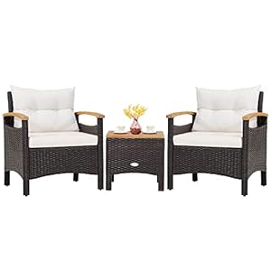 COSTWAY 3tlg. Rattan Gartenmöbel Set, Rattanmöbel mit 2 Sessel & 1 Beistelltisch, Gartenset mit Akazienholzplatte & Sitzkissen, Polyrattan Gartenlounge, Gartengarnitur Sitzgruppe Sitzgarnitur (Weiß)