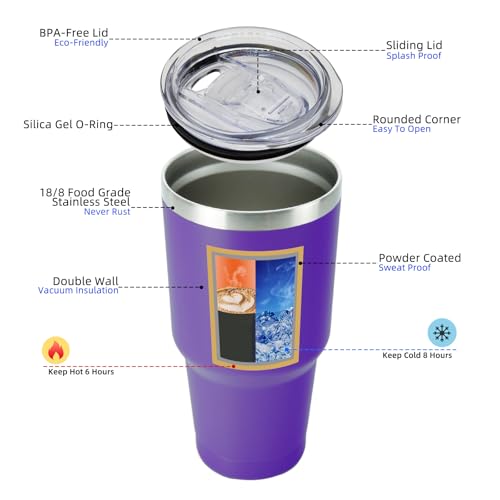 Image of BJPKPK 30 oz Tumbler with Lid and Straw, Insulated Stainless Steel Cup | Double Wall Vacuum, BPA Free, Leak Proof, Keeps Hot /Cold, Travel & Beach Ready, Car Holder Fit, Purple