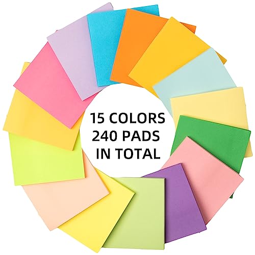 Image of Seajan 240 Pads 3 x 3 Inch Sticky Notes Notepads Multi Bright Colors Self Sticky Pads for Students Teachers School Office Supply Desk Accessory 15 Colors, 50 Sheets Each(Neon,Plain)
