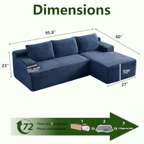 Image of 96 inch Modular Sectional Sofa, Modern Corduroy Cloud Couch with Side Pockets, Boneless Couch Upholstered 3-Seater L-Shaped Sofa for Living Room, No Assembly Required (Blue, Right-Facing Chaise)