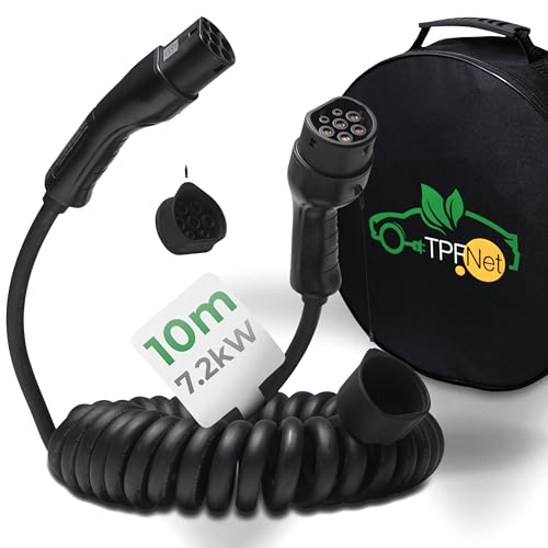 TPFNet Cable de carga tipo 2 en espiral de 10 m. Potencia de carga de hasta 7,2 kW / 32 A. Compatible con la mayoría de marcas de coches. Cable de carga flexible y duradero tipo 2 para uso privado y
