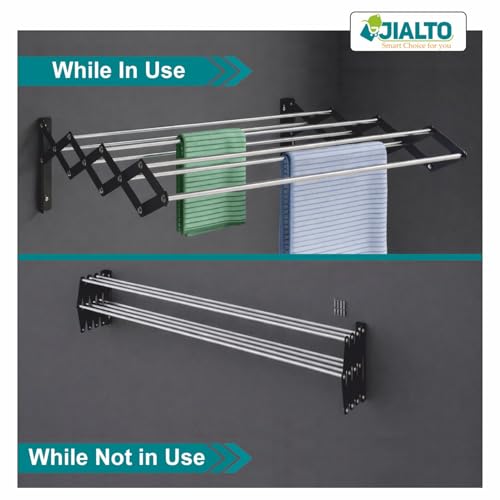 Image of JIALTO Wall Mounted Foldable Clothes Drying Rack Black 62.5 Cm Stainless Steel Expandable Laundry Drying Stand, Heavy Duty Scissor Style Cloth Hanger for Balcony Bathroom Utility Area