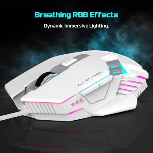 Image of EvoFox Starter Series Spectre USB Wired Gaming Mouse with Upto 3600 DPI Gaming Sensor | 6 Buttons Design | Upto 7 Million Clicks | 7 Colours Rainbow Lighting | 1.5m Braided Cable (White)