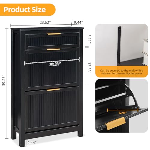 VIPLUMI 2 Flip Drawers Shoe Cabinet Storage for Entryway, Narrow Hidden Shoes Organizer for Front Door Entrance, Free Standing Shoes Cabinet Wooden Hallway Shoe Rack(Black) by VIPLUMI - Image 7