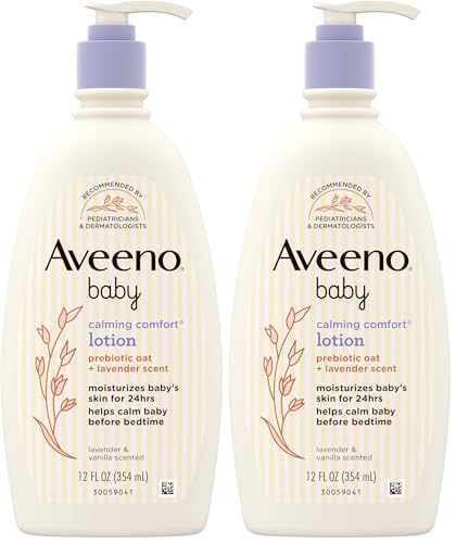 Image of Aveeno Baby Calming Comfort Moisturizing Body Lotion with Relaxing Lavender & Vanilla Scents, Non-Greasy Baby Lotion, Nourishing Prebiotic Oatmeal, & No added parabens 12 fl. oz (Pack of 2)