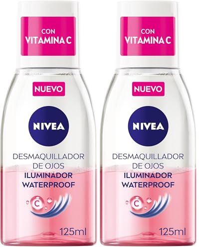 NIVEA Desmaquillador de Ojos Iluminador Waterproof (1 x 125 ml), desmaquillante para contorno de ojos resistente al agua, limpiador facial energizante de fórmula bifásica con Vitamina C (Paquete de 2)