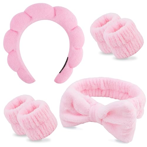 Chanaco Spa Headband and Wristbands for Women Skincare Headband for Washing Face Gua Sha & Jade Roller Facial Tools Pink Makeup Fash Wash Hairband Teen Girl Gifts Trendy Stuff