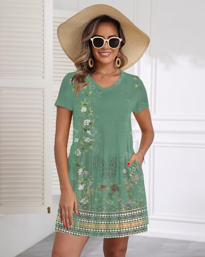 Image of COSSEN Women's Casual T Shirt Dress V-Neck Short Sleeves Swing Dresses Birthday Party Summer Travel Beach with Pocket