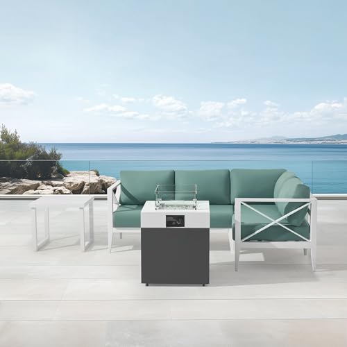 MAISON BACKYARDS MBY Aluminum Patio Sectional Set with Fire Pit Table – 4-Seat Outdoor Conversation Sofa Set with Corner Seat & 37,000 BTU Gas Firepit, Glass Wind Guard, Weather-Resistant – White