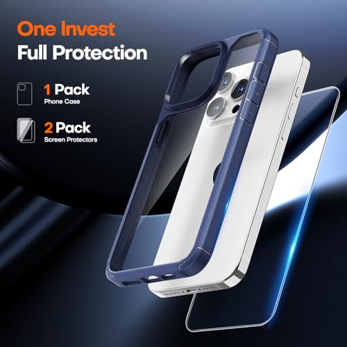 Image of TAURI for iPhone 15 Pro Max Case, with Screen Protector, Blue | Anti-Yellowing Military-Grade Protection Shockproof Slim Phone Case for iPhone 15 Pro Max