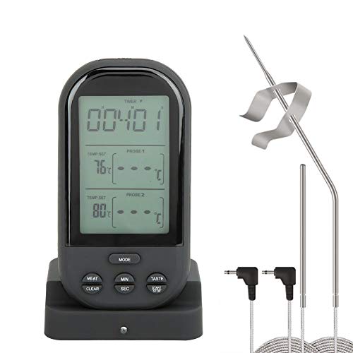 Grill Meat Thermometer, Digital Display BBQ Thermometer, Kitchen Cooking Food Thermometer with Double Probe for Measuring Food/Liquid/Paste/Semi-Solid Material (0-250 ° C)(Black)