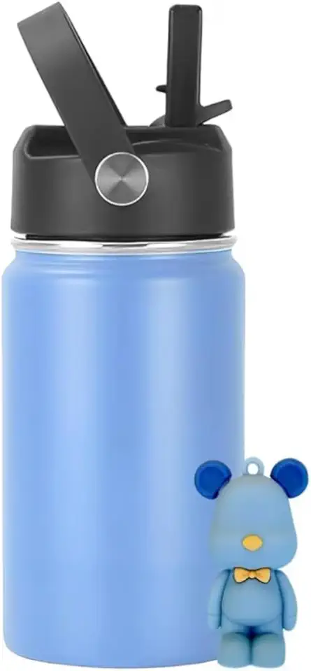 Garrafa Térmica Infantil Inox 350ml com Canudo, Alça e Antivazamento | Acompanha Chaveiro 3D, Mantém Bebidas Frias 18h e Quentes 8h | SUS 304 Livre de BPA (AZUL CLARO)