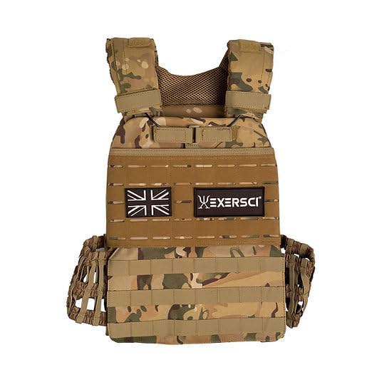 Exersci® Tactical Weighted Vest (1.5kg - 23.5kg) - Calisthenics, Bodyweight Workouts, HIIT, Cardio & Strength Training (12kg Vest (Vest + 5.5kg + 5kg Plate), SAND CAMO)