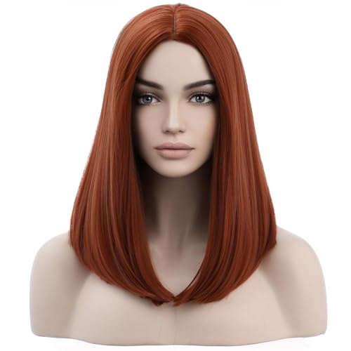 BERON Dark Orange Wigs Straight Middle Length Wig Middle Part Womens Wig for Cosplay Halloween Party or Daily Use Wig Cap Included