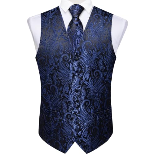Image of DiBanGu Mens Vest and Tie Set Formal Paisley Waistcoat and Necktie Pocket Square Cufflinks Silk Suit Vest for Tuxedo Wedding