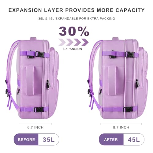 Image of Large Travel Backpack, Laptop Backpack for women, Expandable 52L Carry On Backpack, TSA Water Resistant Weekender 18.4 Inch Laptop Backpack, Anti Theft Business Computer Bag with Port, Purple