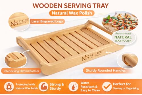 Image of Pine Wood Serving Tray Set of 2 with Handles | Medium 15x10x2.25 & Large 18x12x2.25 Inch | Multipurpose Wooden Breakfast, Tea, Coffee, Food Tray | Natural Finish