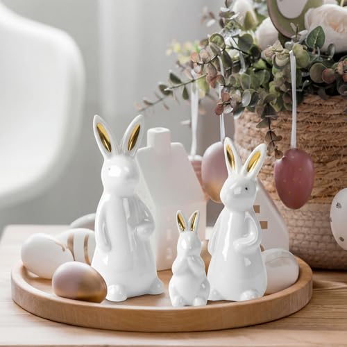 Figurines decorativas de conejos cerámicos blancos x3 miniatura 6