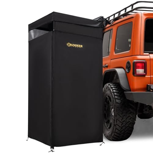 BUNKER INDUST Car Side Shower Tent with Roof Portable Outdoor Camping Shower Bathroom with Roof & LED Light for SUV Truck Overland Waterproof Vehicle Side Awning Privacy Tent