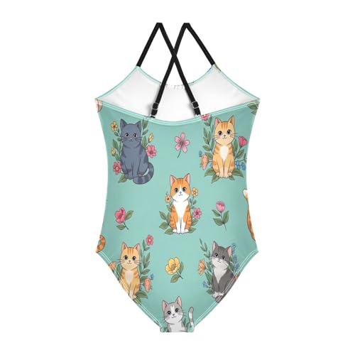 Girl Bathing Suits 3-10 Y Beach Swim Suits Kids, Cute Cats Colorful Flowers Teal2