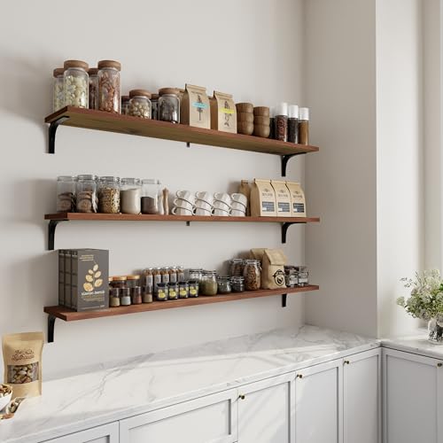Image of Deep Floating Shelves, 12 Inch Extra Wide Solid Wood Wall Shelves, 60 Inch Long Heavy Duty Wall Mounted Bookshelf for Living Room, Kitchen and Bedroom, Set of 3 (Brown)