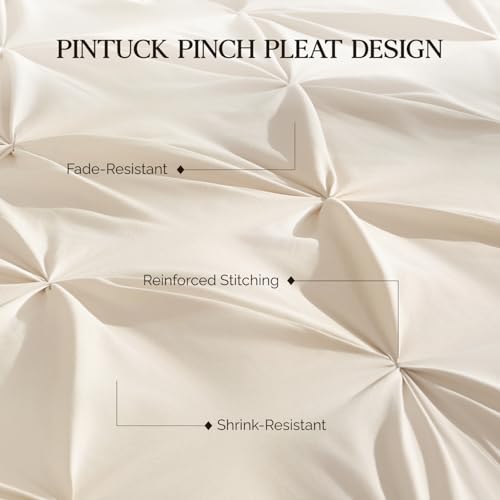 Image of Andency Oversized Queen Pinch Pleat Comforter Set (98 inchx98 inch),3 Piece Lightweight Pintuck Bedding Comforters & Sets, Fluffy Down Alternative Comforter with 2 Pillow Shams for All Season,Beige