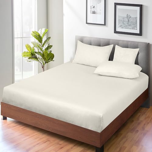 Image of ROYALE LINENS 300 Thread Count 100% Long Staple Combed Cotton Fitted Sheet Twin - Super Soft Deep Pocket Bottom Sheet - Fitted Sheets Only - Elastic Sheets (Twin, Cream)