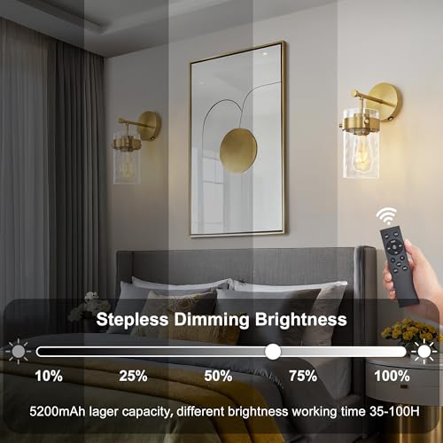 Image of Battery Operated Wall Sconces Set of 2 Gold Rechargeable Wall Light with Dimmable Bulbs and Remote Wireless Wall Lamps with Hammered Glass Lampshade for Bedroom Living Room Hallway(2 Pack)