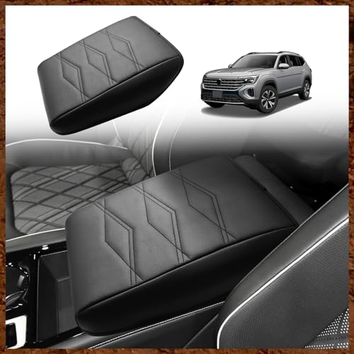 Muslogy Center Console Armrest Cover Fit for Volkswagen Atlas & Cross Sport 2024-2026 Accessories Comfort Armrest Pad Console Lid Cushion Vegan Leather Regular Thick (V1_Black)