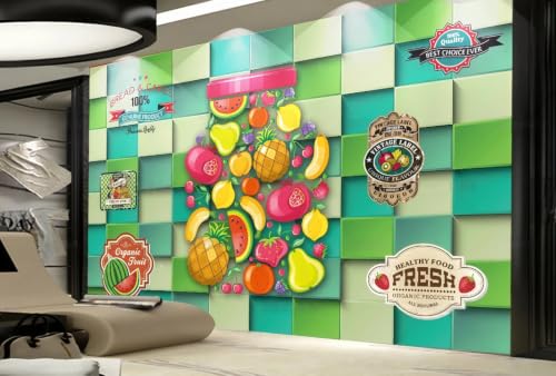Papel tapiz de pared verde a cuadros y mural de cafetería estilo puesto de frutas 3D 4