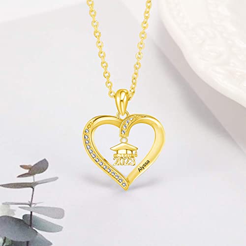 Dovran 9K/10K/14K/18K Solid Yellow Gold Personalized Graduation Necklace Customized Name Heart Necklace Engraved Name 2023 High School Graduation Jewelry Gift For Women #TOP3