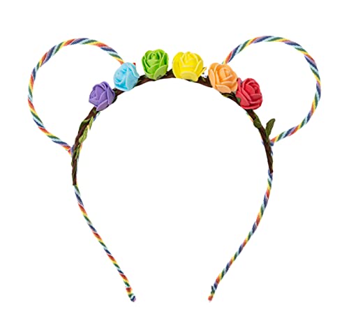 Merroyal Diadema de orejas de ratón arcoíris con corona floral, accesorio para festival del orgullo LGBTQ, multicolor, Blanco, talla única