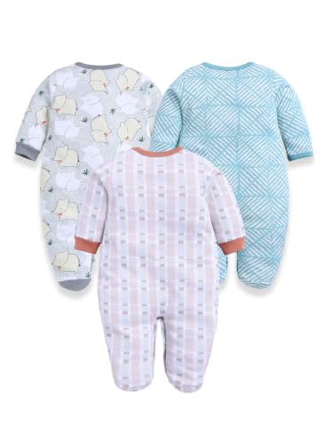 Image of BABY GO Baby Sleepsuit Pack of 3 | 100% Cotton Full Sleeve Footed Romper for Newborn Baby Boys & Girls | Front Open Snap Button Onesie Jumpsuit | Soft Breathable Nightwear