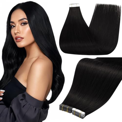 Full Shine Tape In Hair Extensions Human Hair, Jet Black 22 Inch