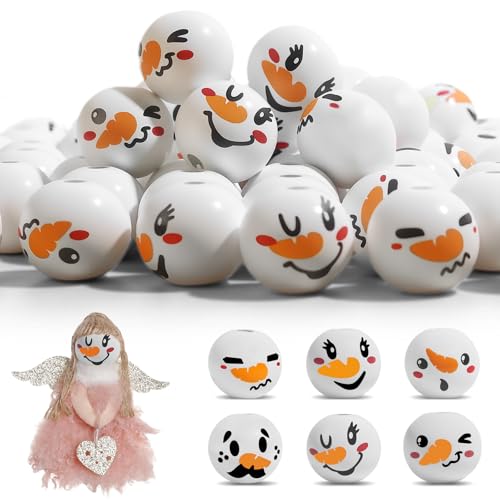 100 Stück Schneemann Holzperlen mit Gesicht 20mm (6 Designs) -...