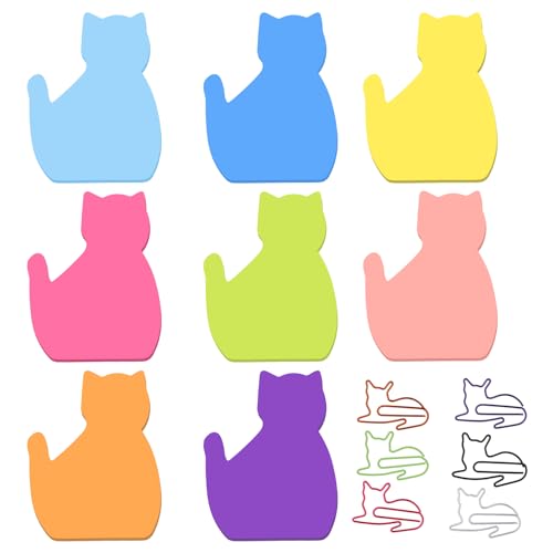 240 Sheets Cat Sticky Notes and 8 PCS Paper Clips, 8 Pack Colorful Cute Funny Animal Cat Sticky Notes Self-Stick Notes Index Tabs Colorful Funny Cat Shape Memo Pads Index Tab for Office Supplies