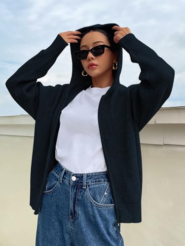 Image of SOLY HUX Zip Up Cardigan for Women Hooded Cardigan Sweater Knitted Drop Shoulder Fall Clothes Winter Hoodies Outerwear