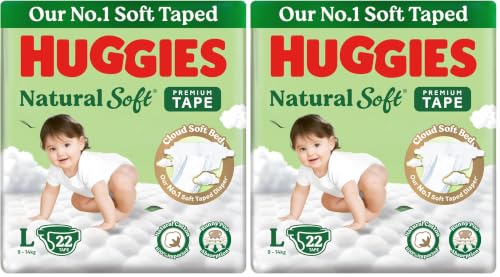 Image of Huggies Natural Soft Premium Tape Diapers Large (L) Size, 9-14 kgs,22 Count | Our No.1 Soft Taped Diaper with Cloud Soft Bed and Runny Poo Absorption (Pack of 2)