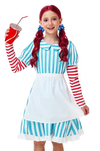 Peter Pan Collar Dress Girls Halloween Fast Food Wendys Outfit Striped Long Sleeve Dresses with Apron 11-12 Years Blue