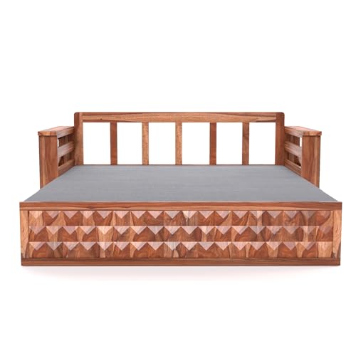 Image of Mamta Furniture Solid Sheesham Wood Sofa Set 3 Seater Furniture Wooden 3 Seater Sofa Cums Bed for Home Living Room with Cushions (Honey with Grey, 3 Seater Design 2)