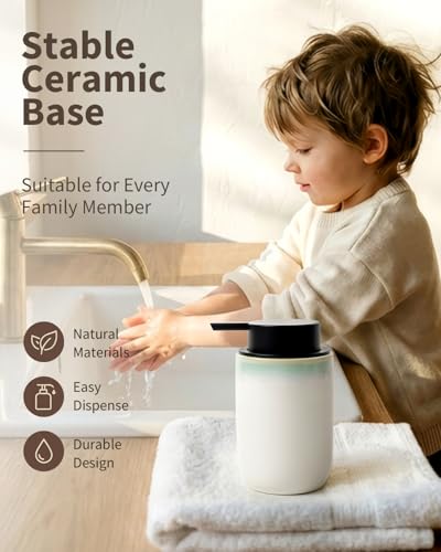 Image of BosilunLife Hand Soap Dispenser - Foam Soap Dispenser Bathroom Ceramic Dish Liquid Soap Dispenser for Kitchen, Bathroom Countertop Soap Dispensers (White with Blue-Green Rim Liquid Pump)