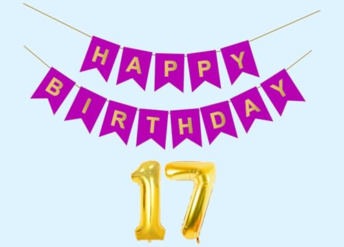 Image of 17th Happy Birthday Decoration Kit Purple for 17 year Old Boys Girls Teenage with Number Seventeen Party Decorations Decor Celebration Items Item Set Combo Reusable Paper Banner