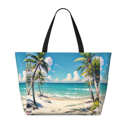 Beach Bag for Women, Waterproof Sandproof Beach Pool Travel Duffel Bags with 7 Pockets, Large Capacity Shoulder Tote Bag for Gym Travel Vacation Essential, Beach Coconut Tree Summer2