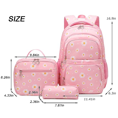 ZHIERNA Daisy Printed Backpacks for Girls with Lunch Bag Pencil Case 3pcs Set, Lightweight Elementary Bookbags for Teen Girls（Pink）2