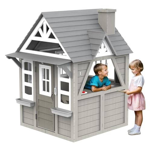 YOFE Kids Playhouse Outdoor,Wooden Play House Playset for Kids– Large, Sturdy, Realistic Design with Kitchen, Doorbell, Flower Pot, Stove, Sink & Clock – Perfect for 2-4 Children