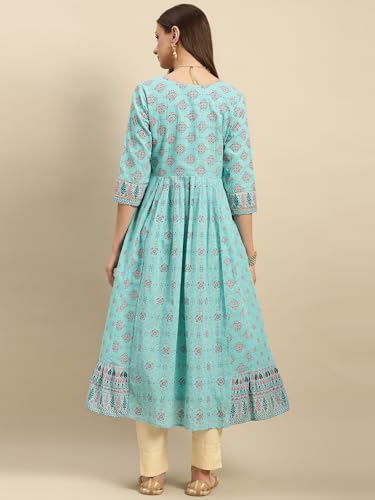 Image of rangita Light Blue Cotton Calf Length Printed Anarkali Kurti for Women | Kurta for Women
